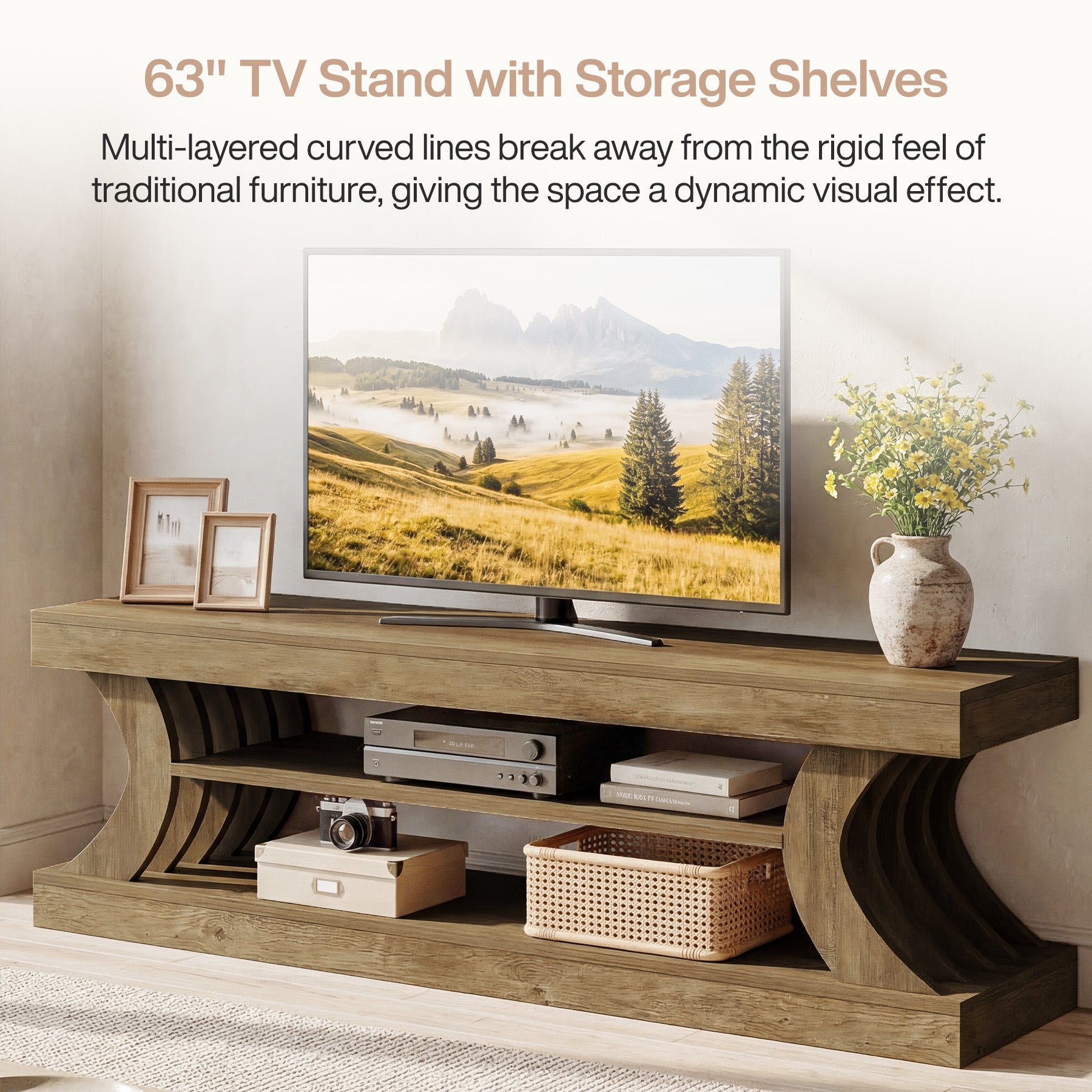 63" Modern TV Stand, C-Shaped 3-Tier Entertainment Center for 55/65/70 Inch TVs