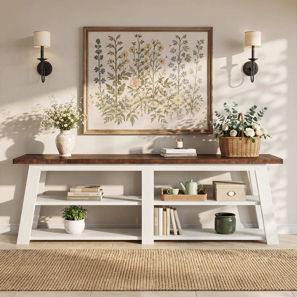 78.7" Solid Wood Console Table, 3-Tier Entryway Table, Sofa Table Behind Couch