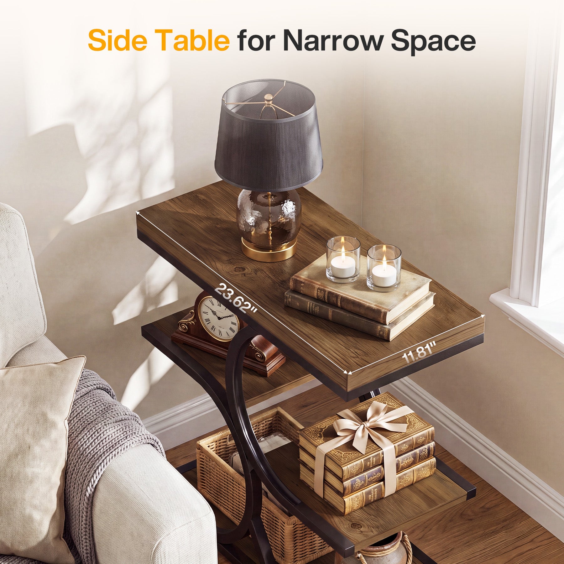 23.62" End Table with 4-Tier Shelf, Narrow Side Table with Metal Frame for Small Spaces