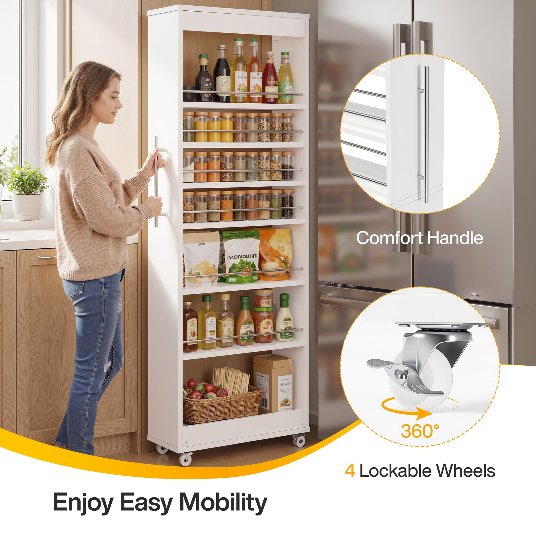 73" Slim Storage Cart on Wheels, 7-Tier Narrow Pantry Rack Cabinet Organizer