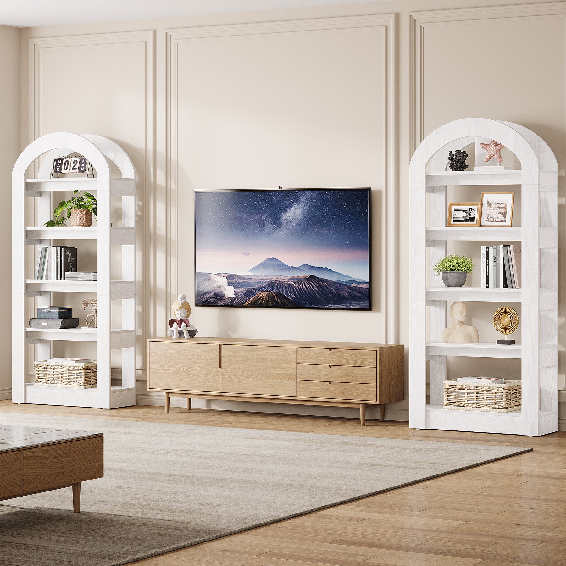 5-Tier Wooden Bookshelf with Arched Top, Tall Display Bookcase Shelf