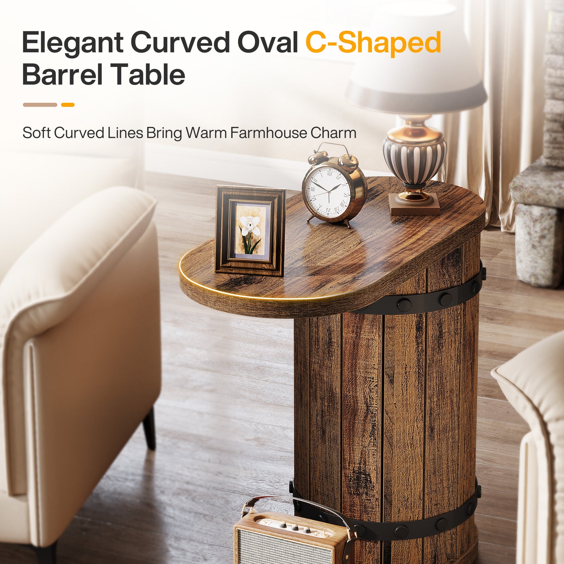 24" Barrel C-Shape Side Table, 2-Tier End Table, Narrow Nightstand for Couch, Living Room