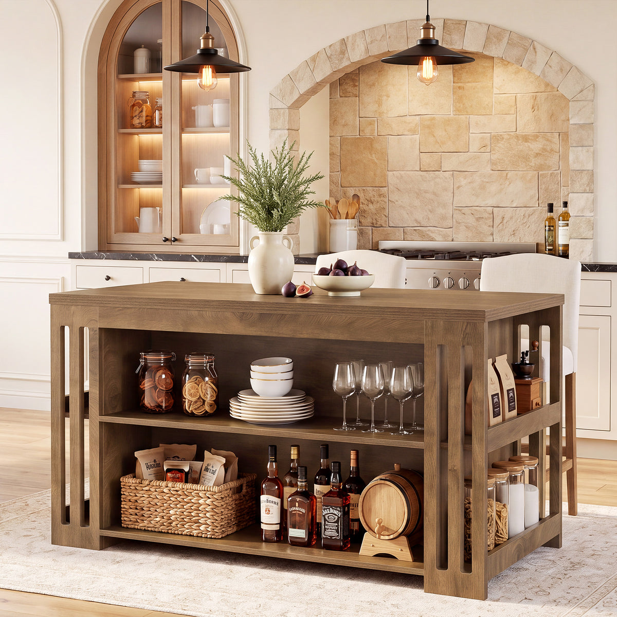 63" Farmhouse Kitchen Island with Storage Shelves, Counter Height Island Table