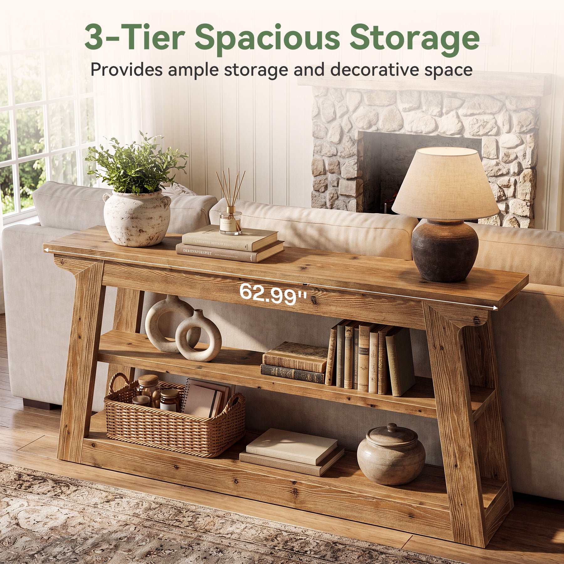63" Console Table, 3-Tier Solid Wood Sofa Table Entryway Table for Hallway