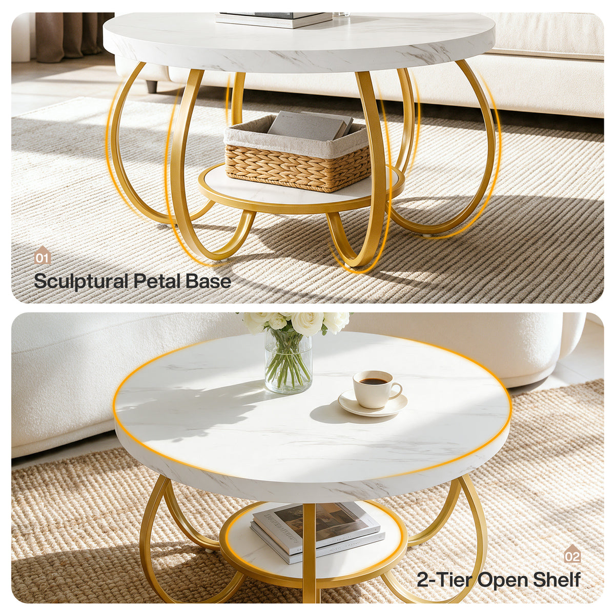 31.5" Round Coffee Table, 2-Tier Modern Center Table with Faux Marble Top & Metal Base