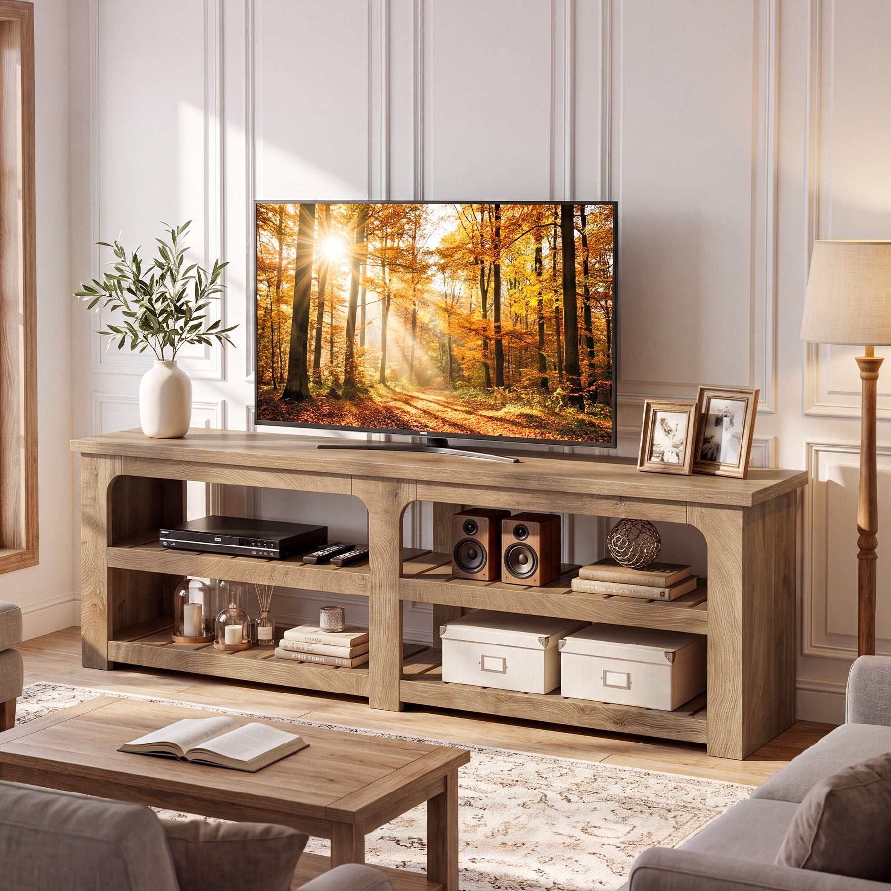71" TV Stand for 75" TV, Farmhouse 2-Tier Entertainment Center, Storage Shelves, Living Room