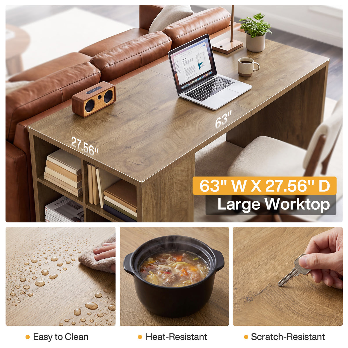 63" Kitchen Island, Rectangular Stationary Storage Island Table with Open-Sided Shelves
