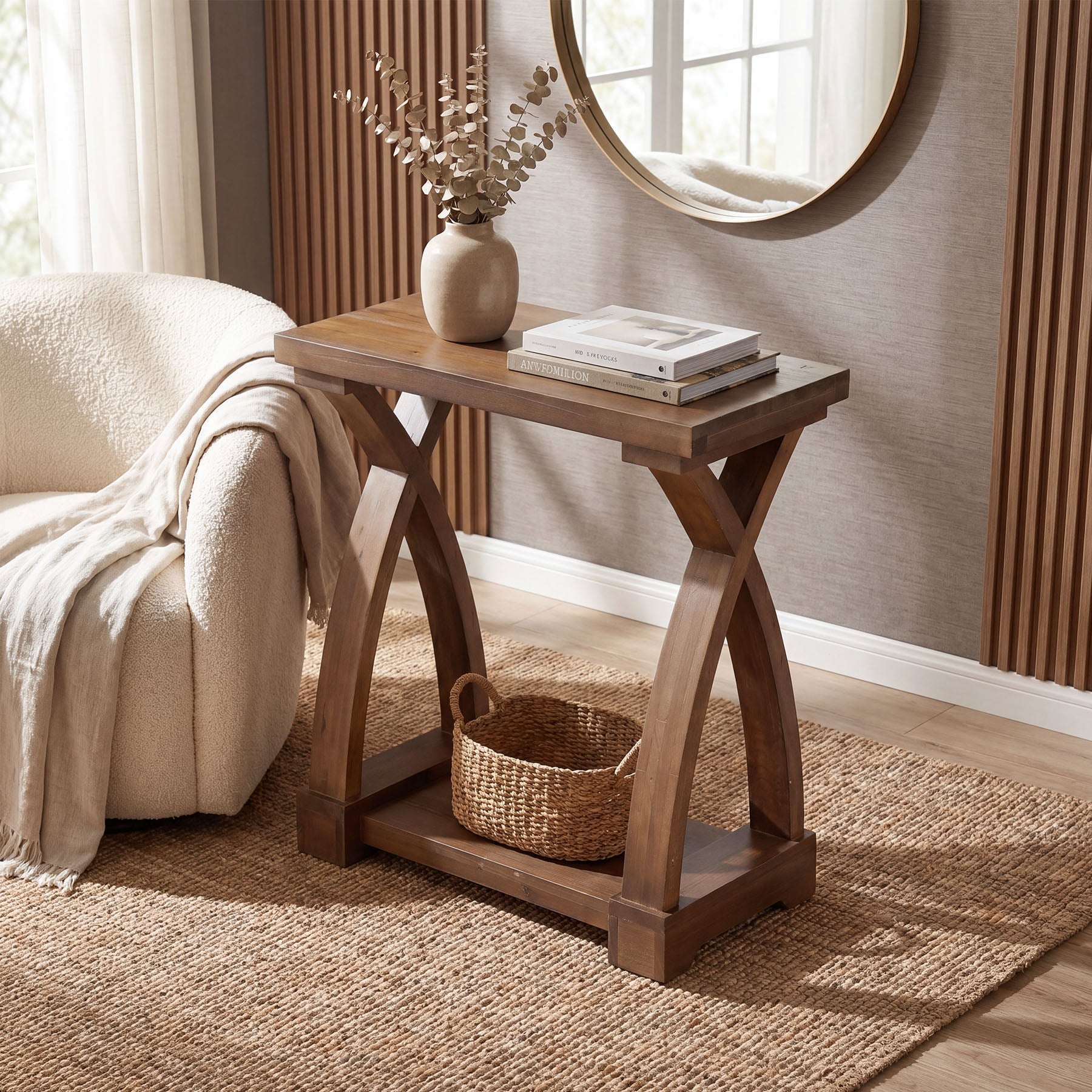 23.62" Solid Wood End Table, 2-Tier Side Table with Curved X-Frame for Small Spaces