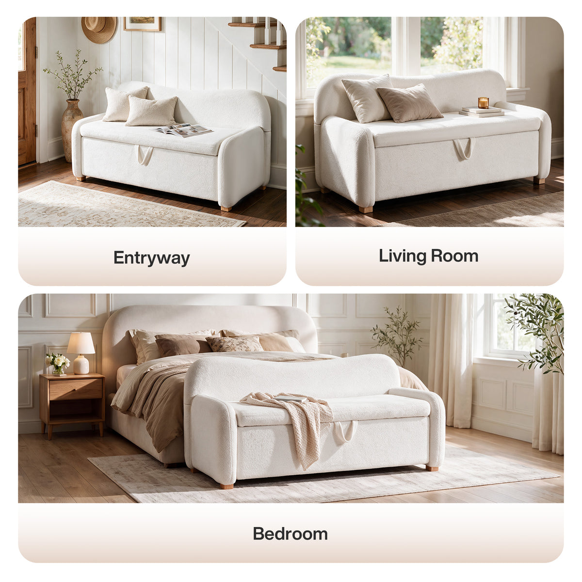 55" Faux Sheepskin Ottoman Bench, White Backrest Storage, End of Bed Bedroom