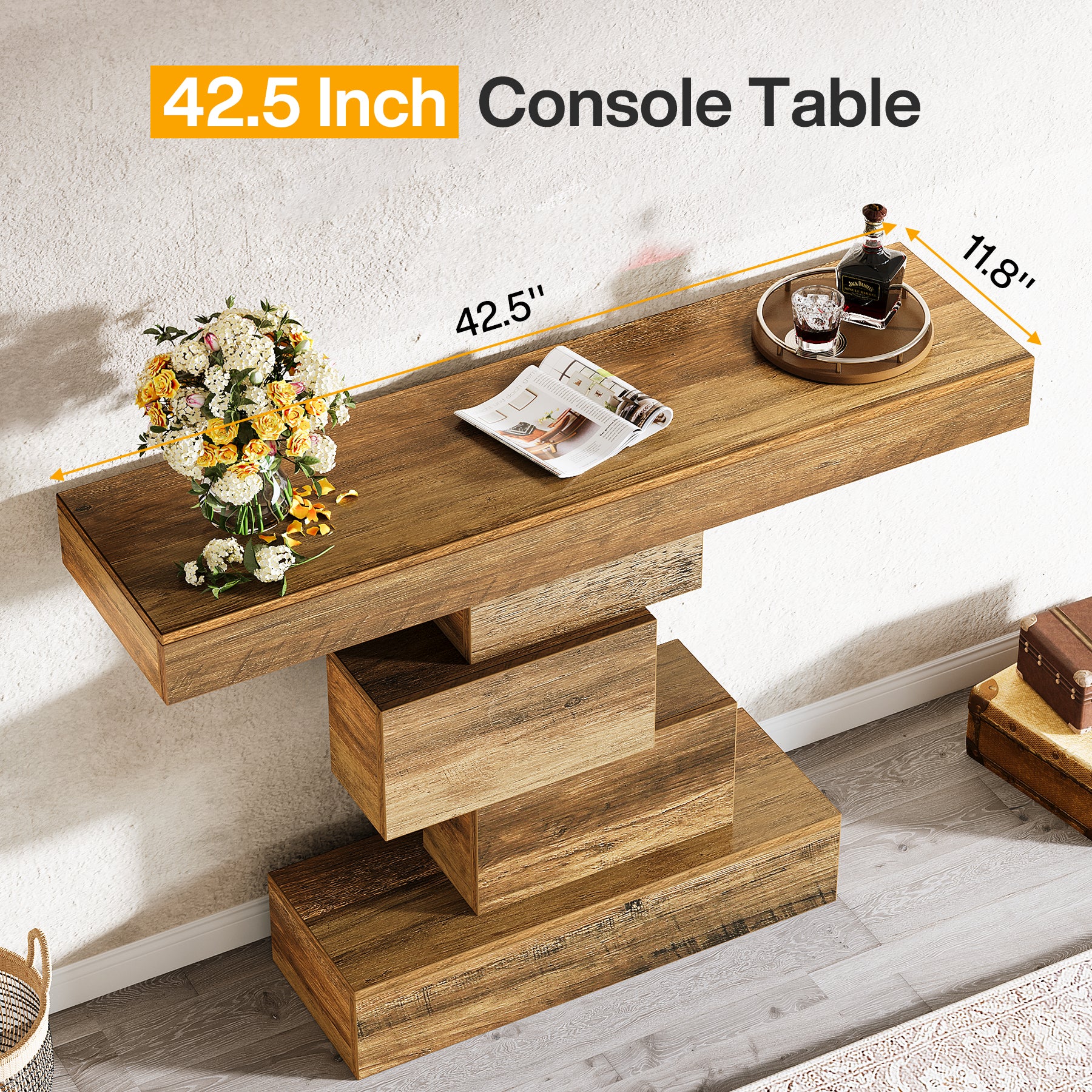 42.5" Rustic Brown Farmhouse Console, Industrial Geometric Sofa Table for Hallway Entrance