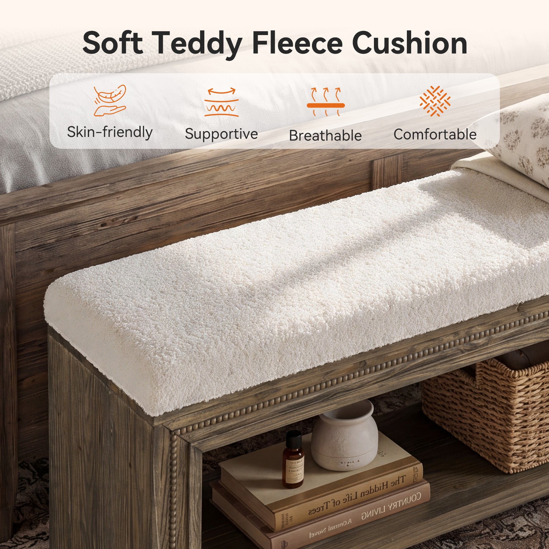 Solid Wood End of Bed Bench, 55.12" Upholstered Bed Bench with Storage for Bedroom