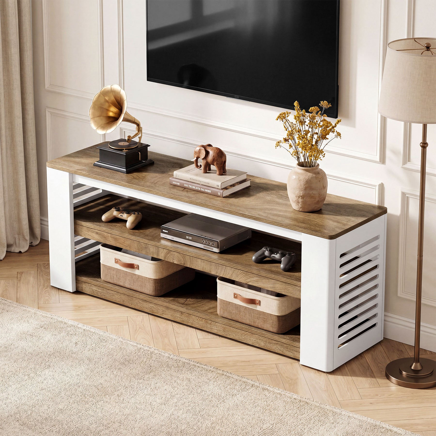 63" Farmhouse TV Stand, Entertainment Center with 3-Tier Storage Shelves for 75" TV