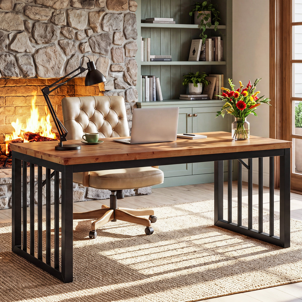 Tribesigns 63-Inch Solid Wood Computer Table, Large Home Office Desk with Metal Frame, Rustic Farmhouse Work Table