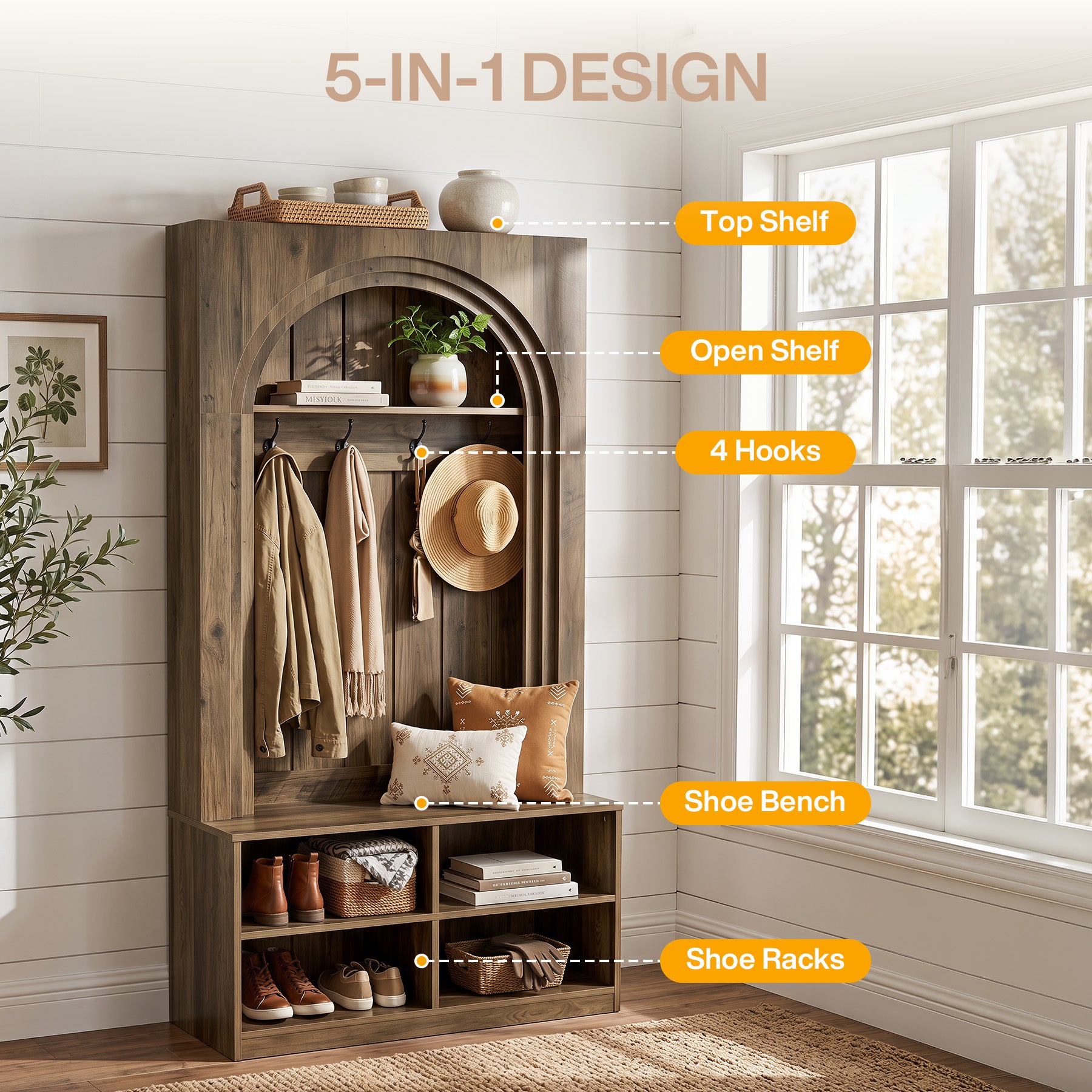 70.9" Arched Hall Tree, Farmhouse Entryway Coat Rack With Shoe Cubby Storage