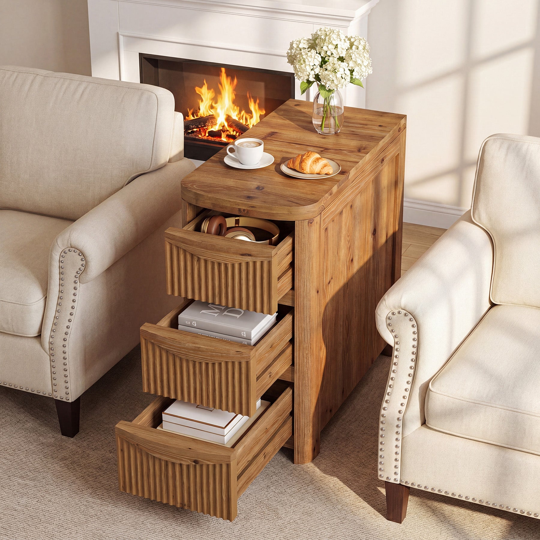 Solid Wood End Table with 3 Drawers, 24" Farmhouse Side Table for Small Spaces