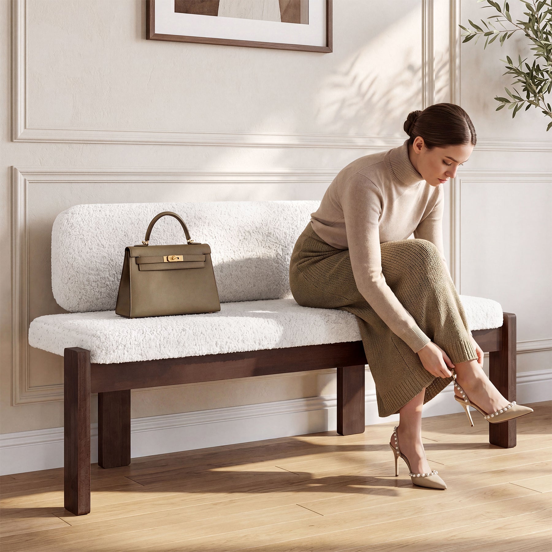 55.12" Upholstered Solid Wood Bench, End of Bed Bench with Backrest