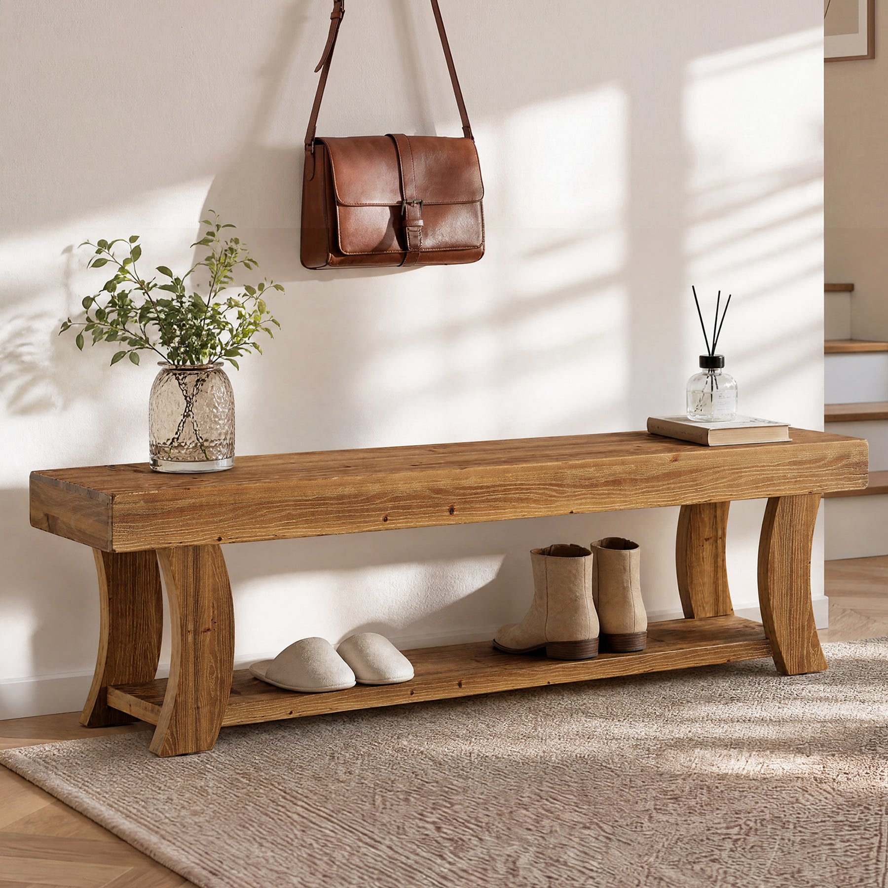 63" Solid Wood Entryway Bench, Narrow Shoe Storage Bench End of Bed Seat for Entryway