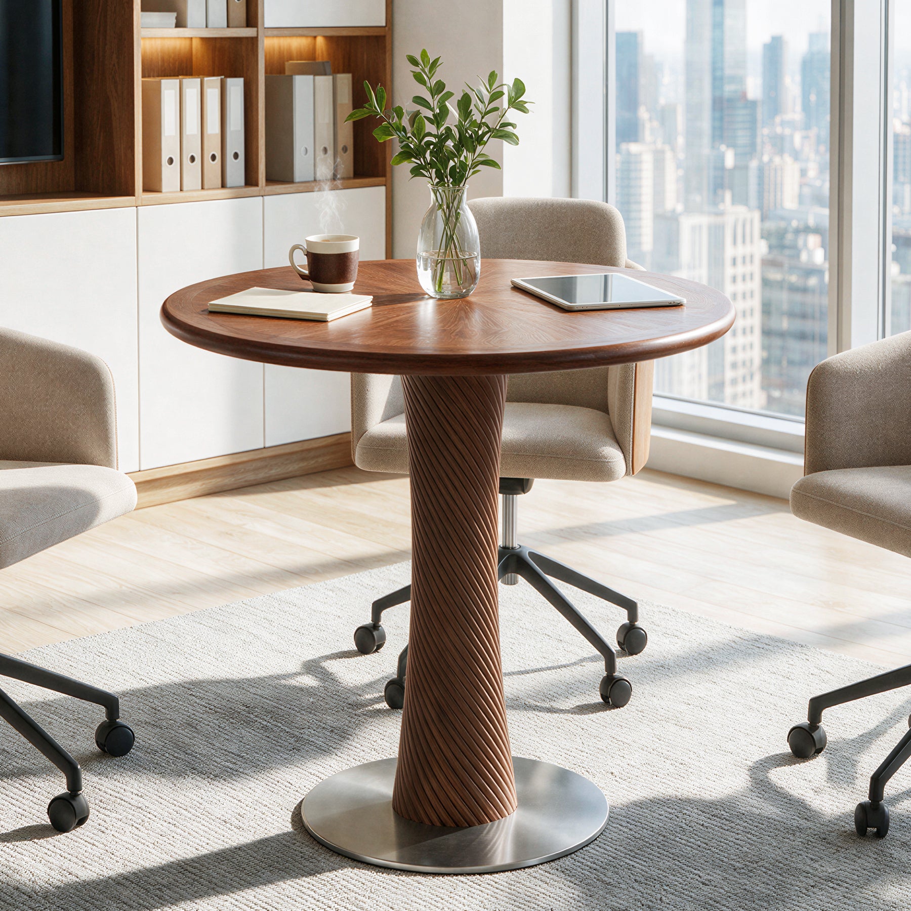 31.5” Solid Wood Conference Table, Round Meeting Table with Hourglass Pedestal for Home Office