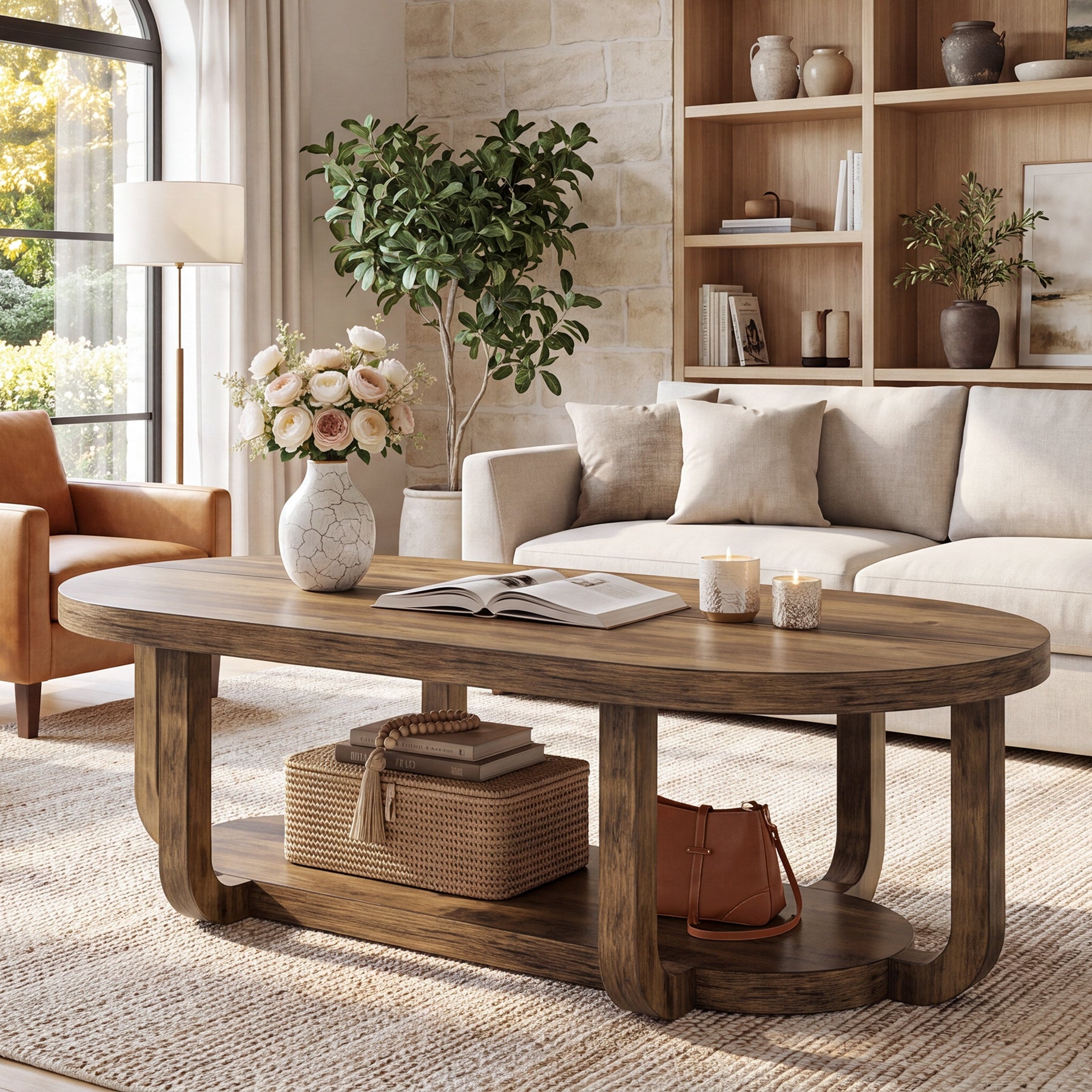 55-Inch Oval Coffee Table with 2-Tier Storage, Curved Leg Design for Living Room