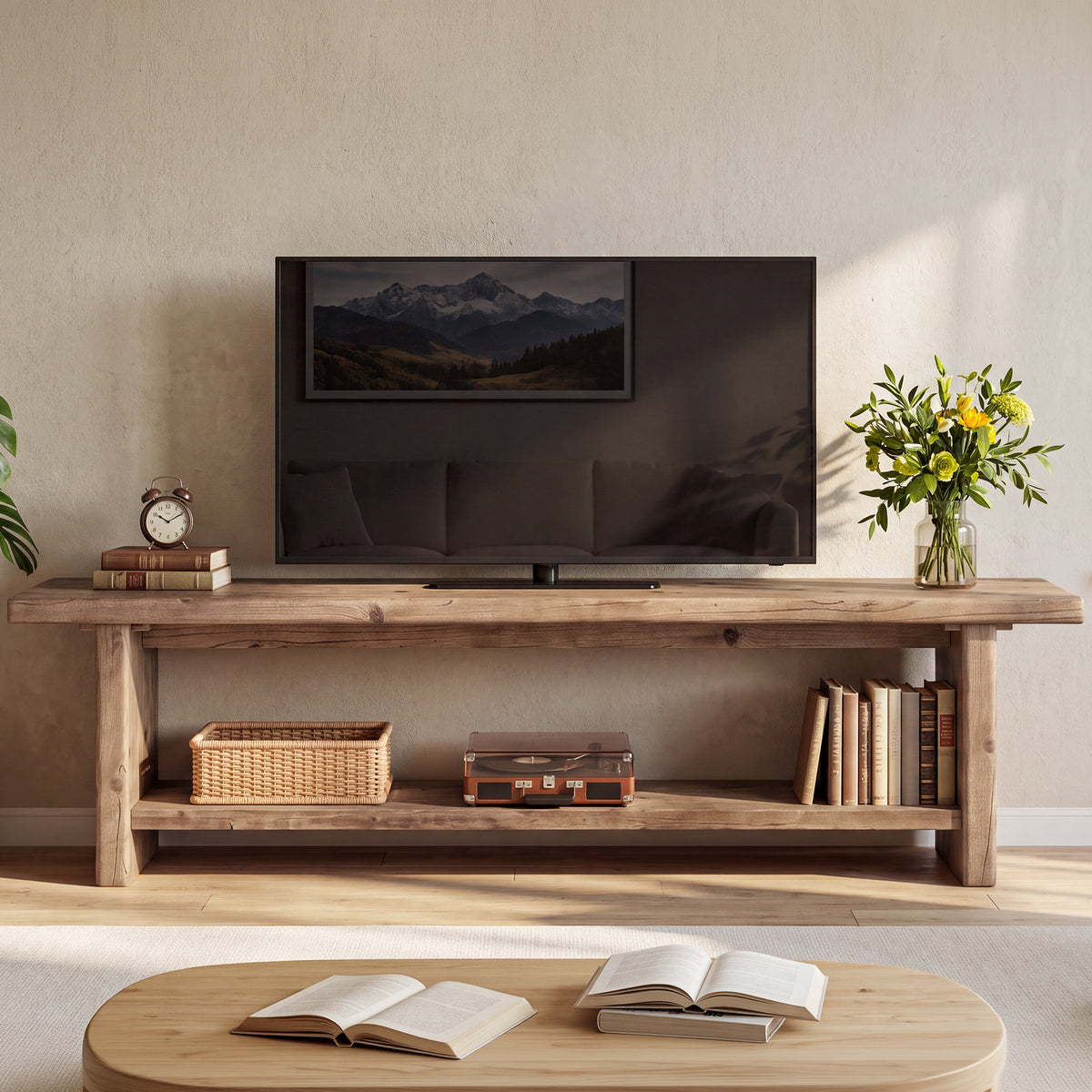 71" Solid Wood TV Stand for 85" TV, 2-Tier Farmhouse Entertainment Center with Storage