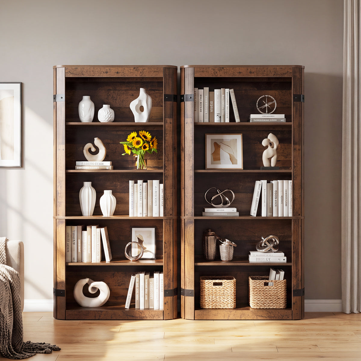 71" Tall Farmhouse Bookshelf, 5-Tier Home Office Bookcase with Storage