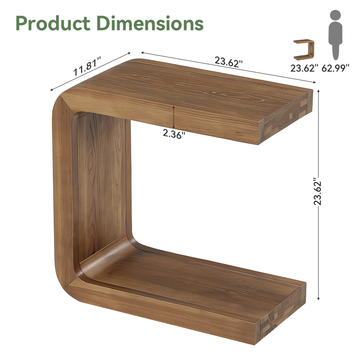 Solid Wood End Table, 2-Tier C-Shaped Side Table with Storage for Living Room, Bedroom