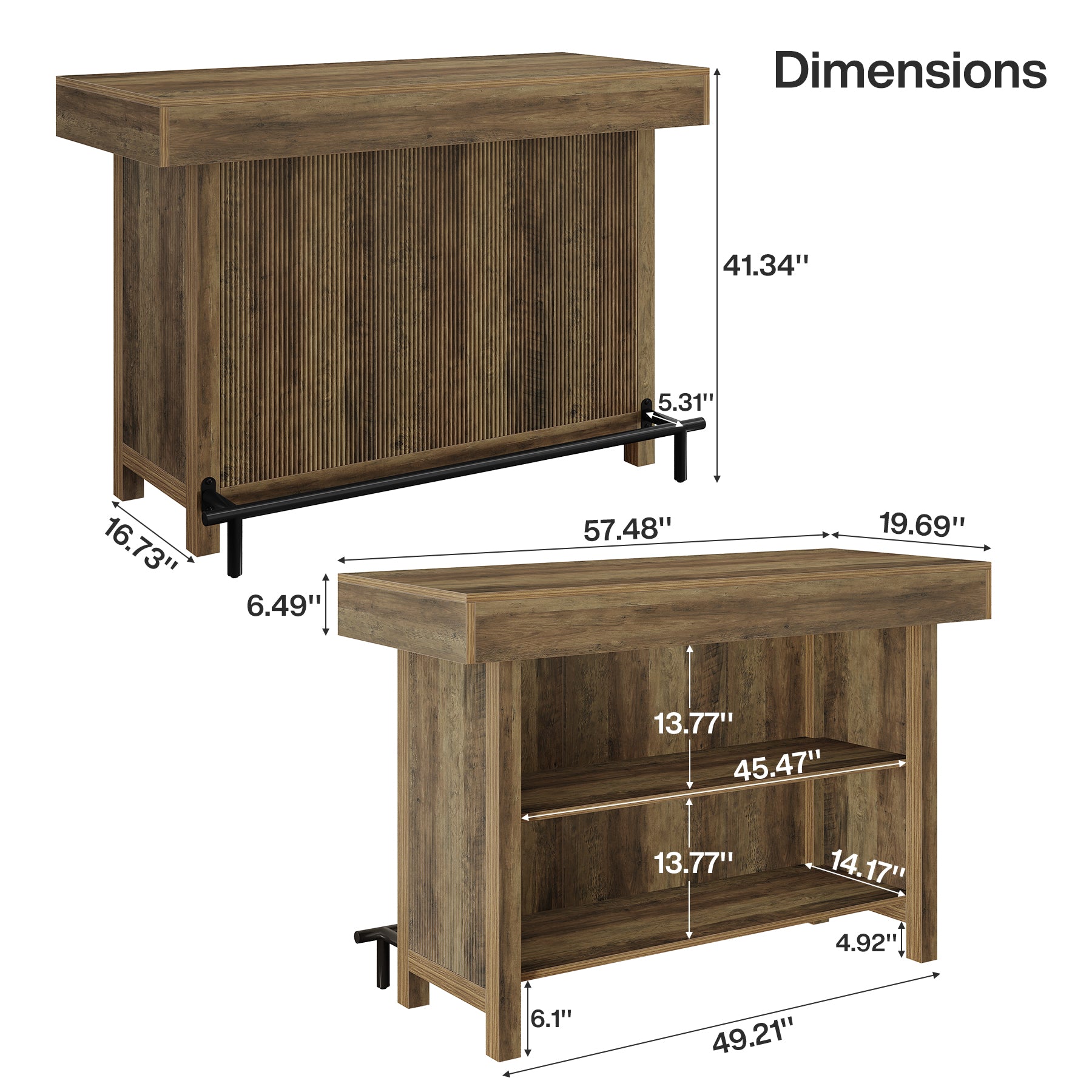 57.48" Bar Unit, Industrial Counter Height Bar Table with 2-Tier Storage