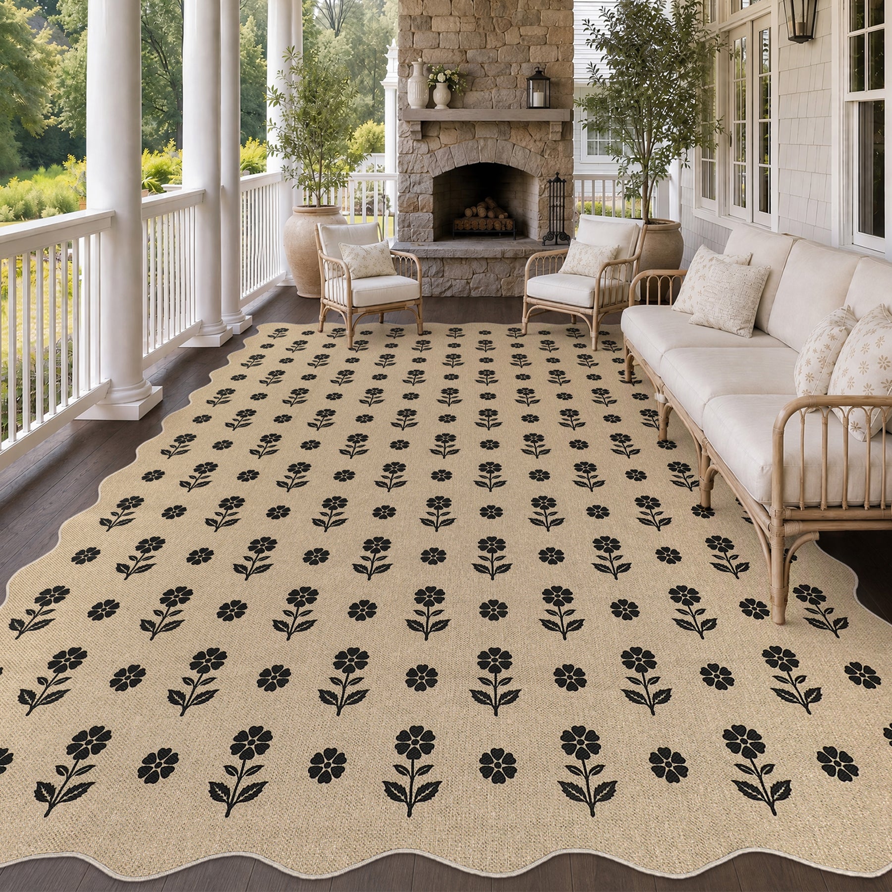 2x6/3x5 Floral Easy Jute Hallway Runner Rug, Scalloped Kitchen Runner Rug Non Skid Washable Indoor Carpet, Oeko-Tex Certified