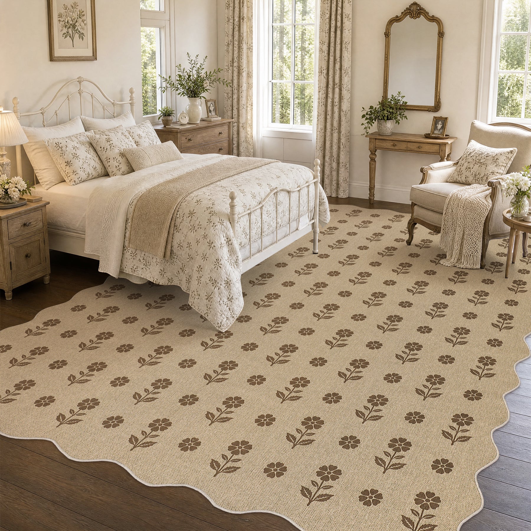 2x6/3x5 Floral Easy Jute Hallway Runner Rug, Scalloped Kitchen Runner Rug Non Skid Washable Indoor Carpet, Oeko-Tex Certified