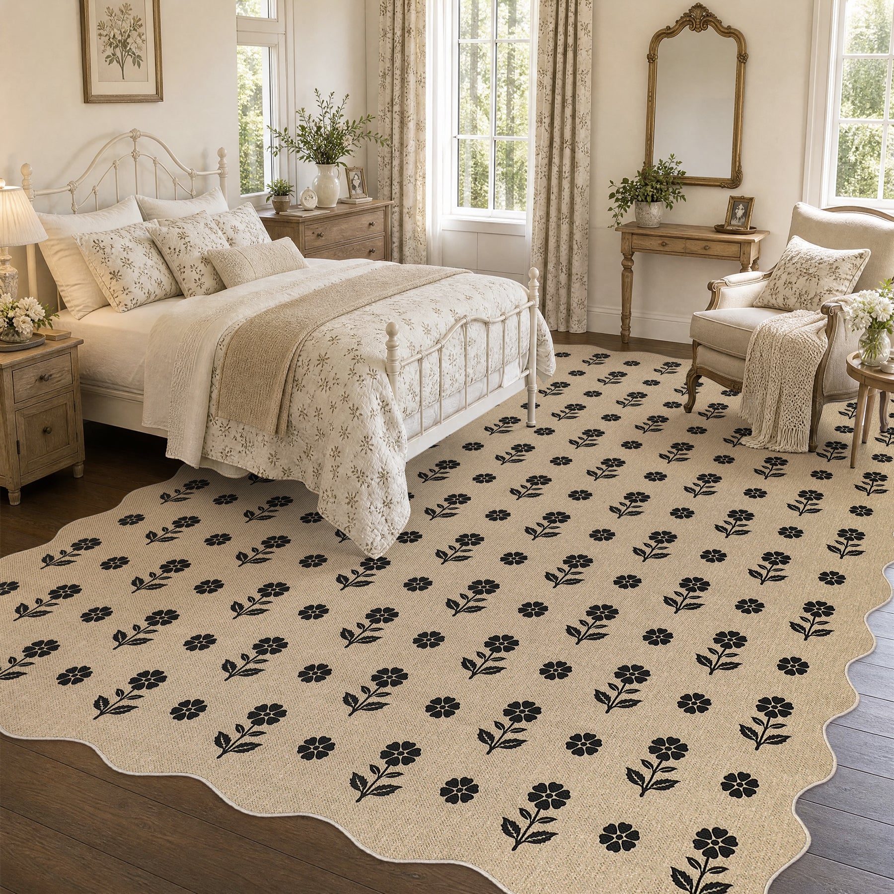 2x6/3x5 Floral Easy Jute Hallway Runner Rug, Scalloped Kitchen Runner Rug Non Skid Washable Indoor Carpet, Oeko-Tex Certified