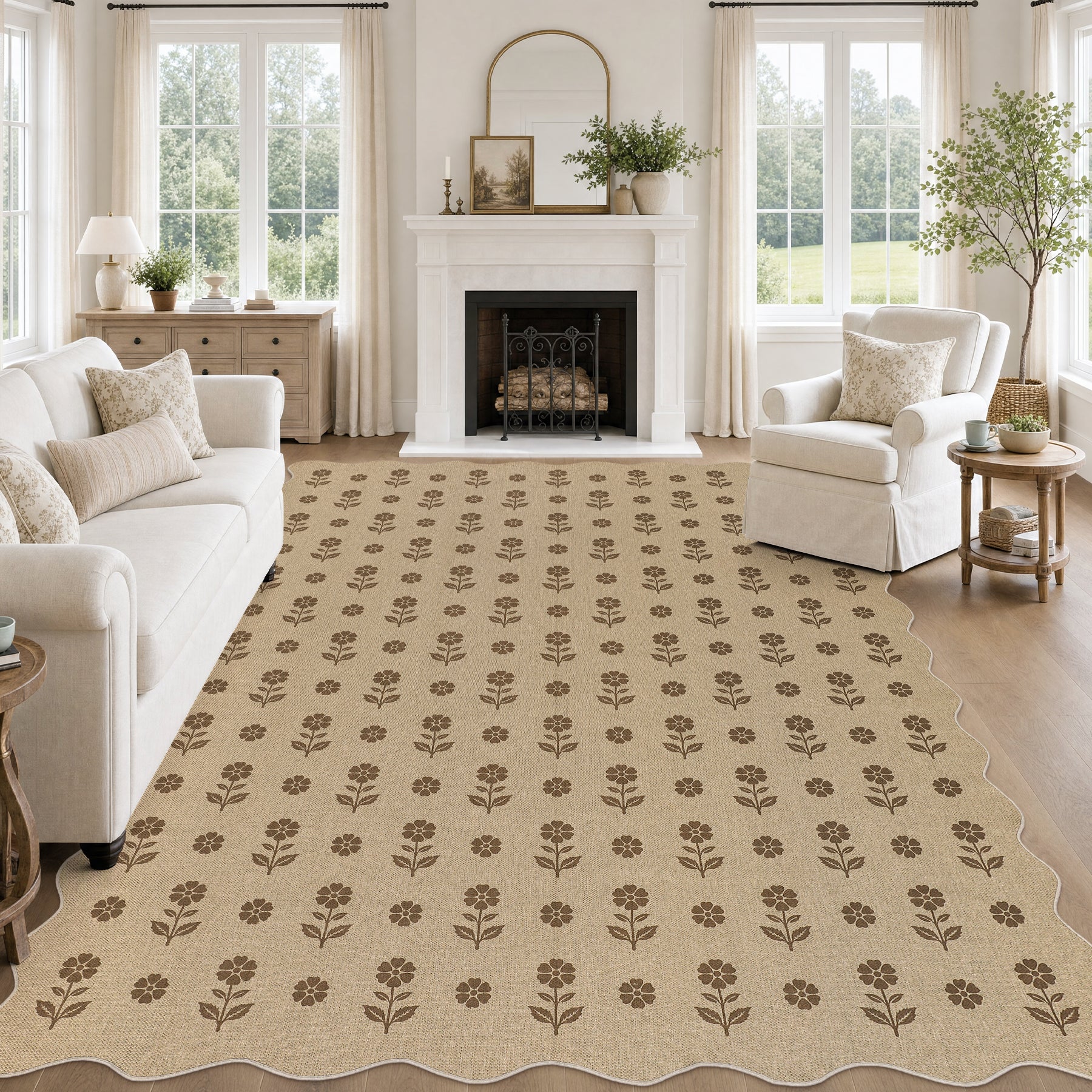 2x6/3x5 Floral Easy Jute Hallway Runner Rug, Scalloped Kitchen Runner Rug Non Skid Washable Indoor Carpet, Oeko-Tex Certified