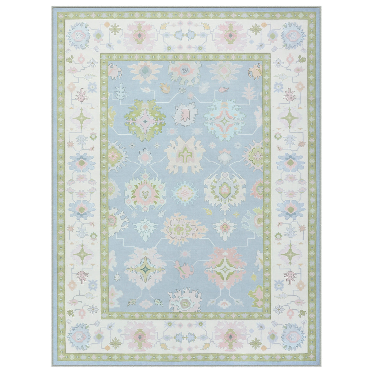 5x7/8x10/9x12 Boho Oushak Area Rug, Floral Washable Non Slip Low Pile Area Rug, Oeko-Tex Certified