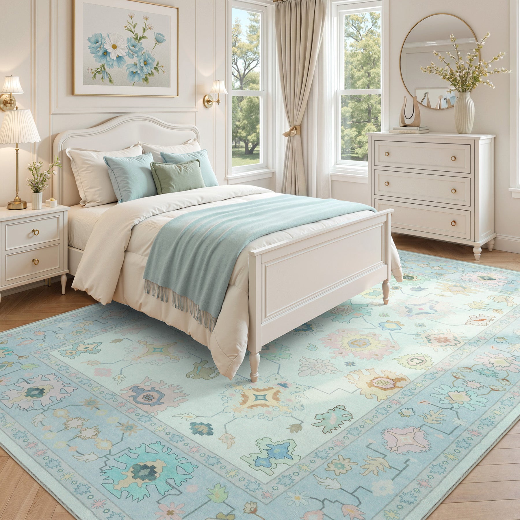 5x7/8x10/9x12 Boho Oushak Area Rug, Colorful Washable Non-Slip Indoor Carpet Oriental Floral, Oeko-Tex Certified