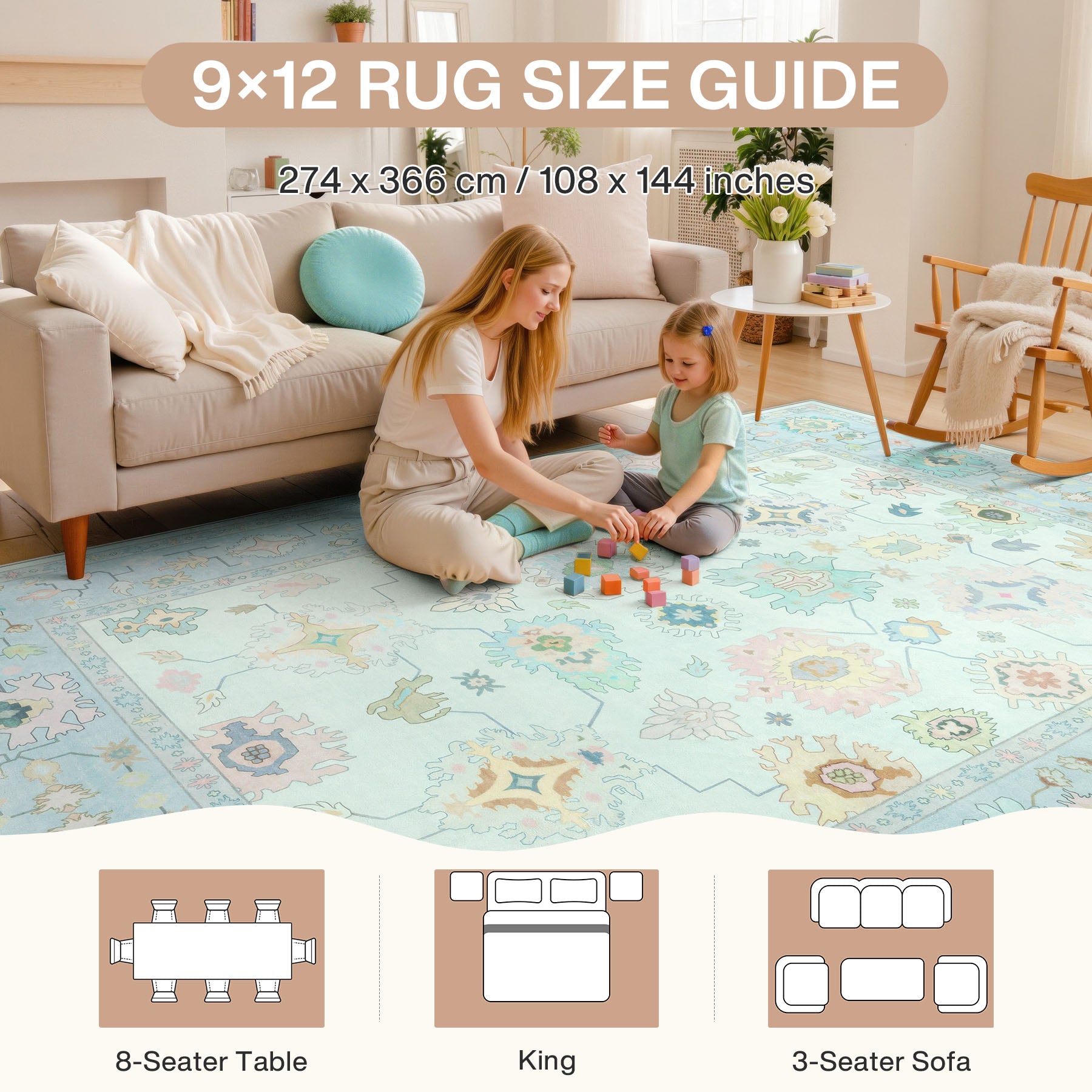 5x7/8x10/9x12 Boho Oushak Area Rug, Colorful Washable Non-Slip Indoor Carpet Oriental Floral, Oeko-Tex Certified