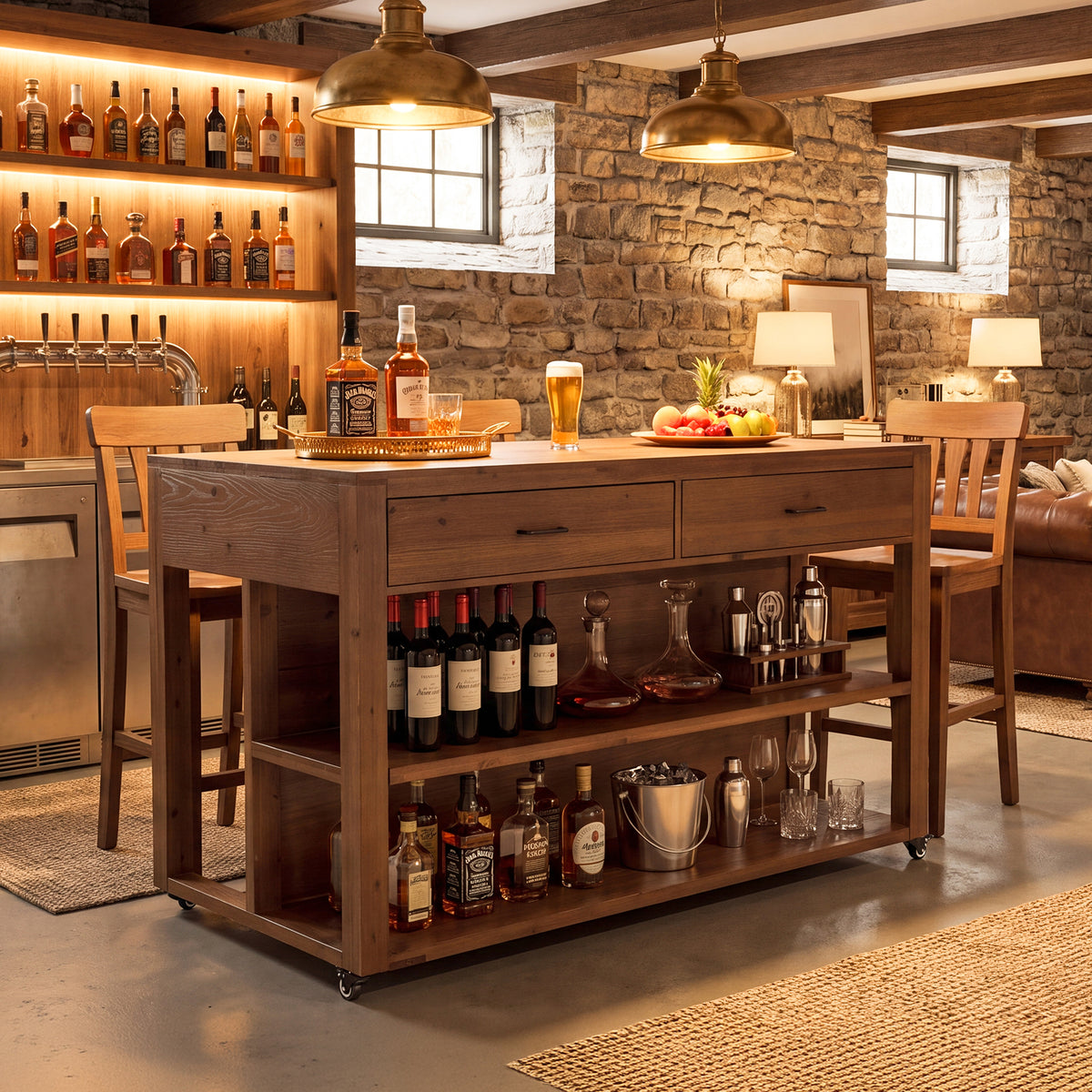 Rolling Bar Table, Solid Wood with 4 Drawers, 2-Tier Open Shelves & 4 Wheels