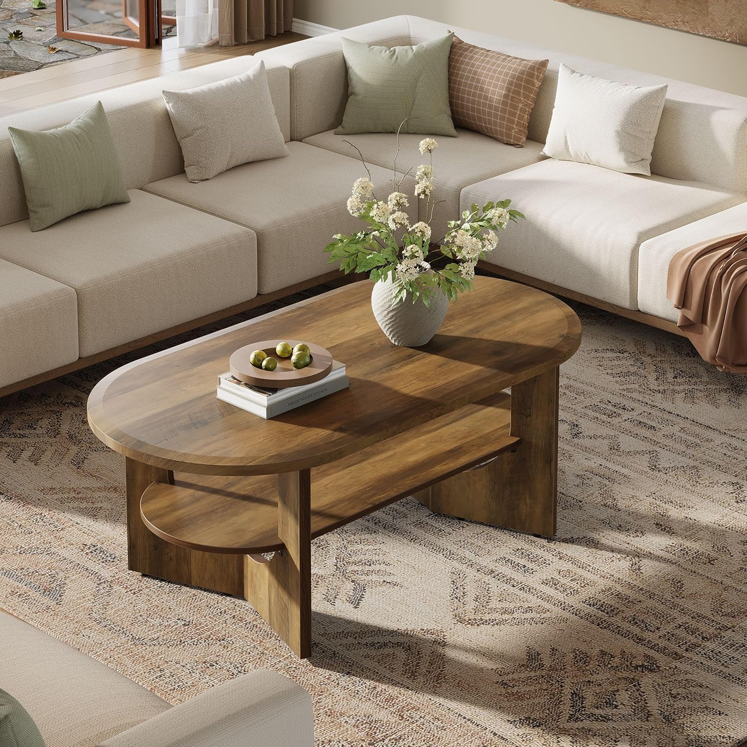 47.2" Coffee Table, Wooden Oval Center Table with 2 Tiers of Shelves