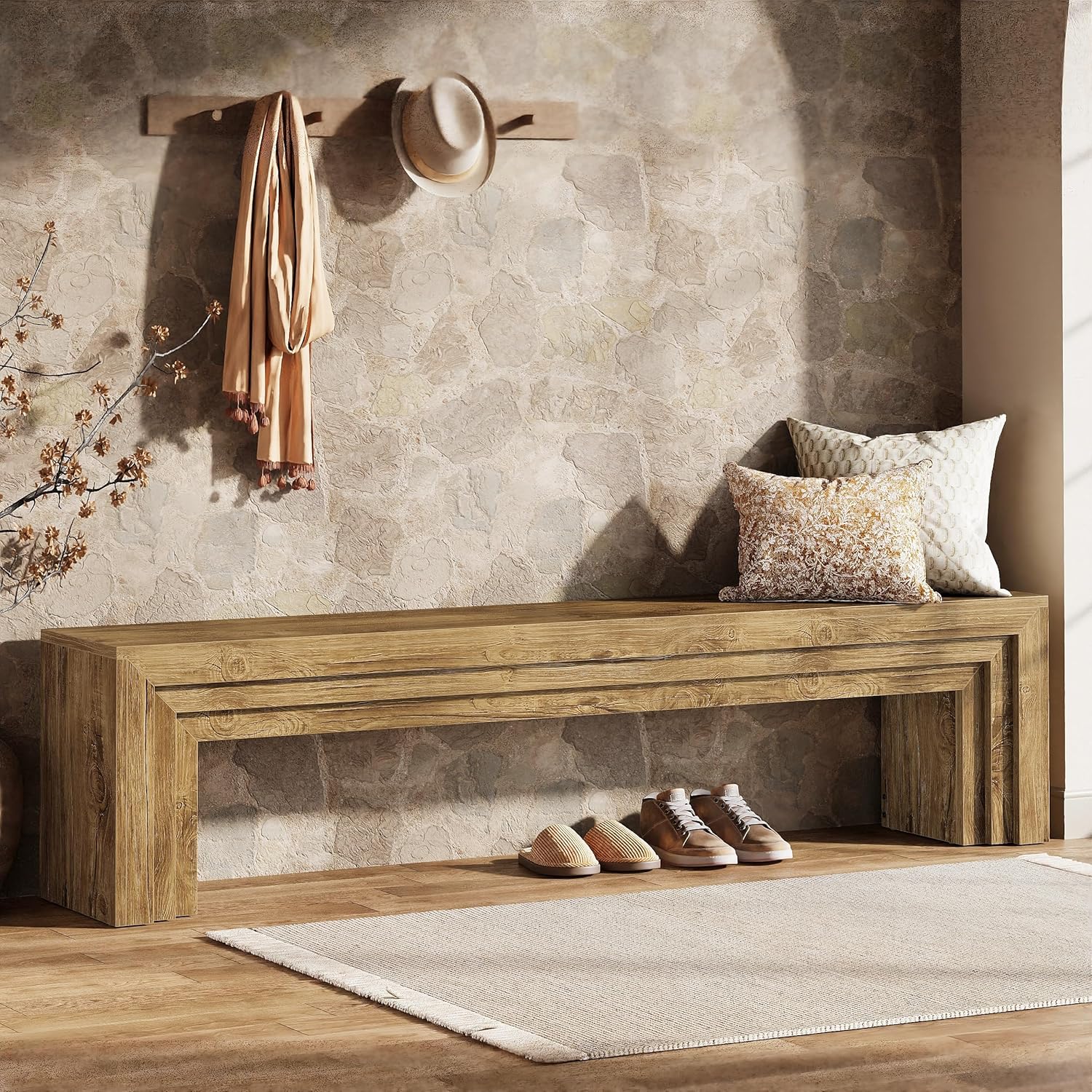 70.9" Entryway Bench, Farmhouse Shoe Bench End of Bed Bench with Layered Design