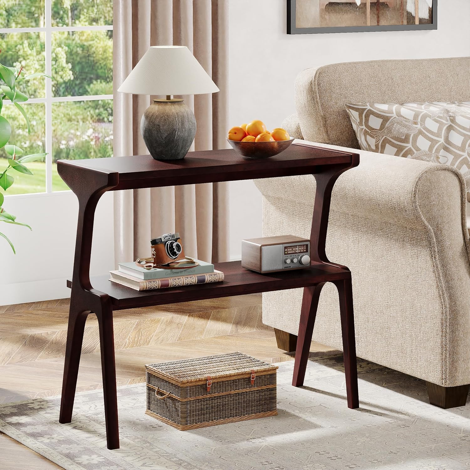 Solid Wood End Table, 2-Tier Sofa Side Table with Storage Shelf