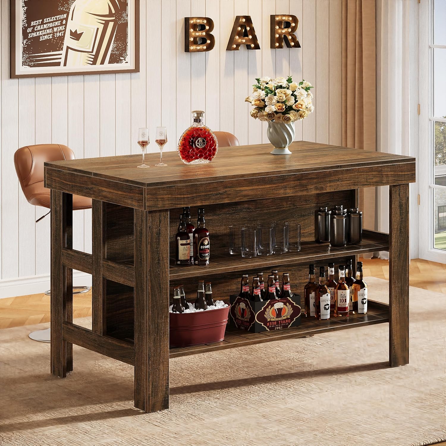 Home Bar Table Unit, 55" Counter Height Bar Cabinet with Storage Shelves