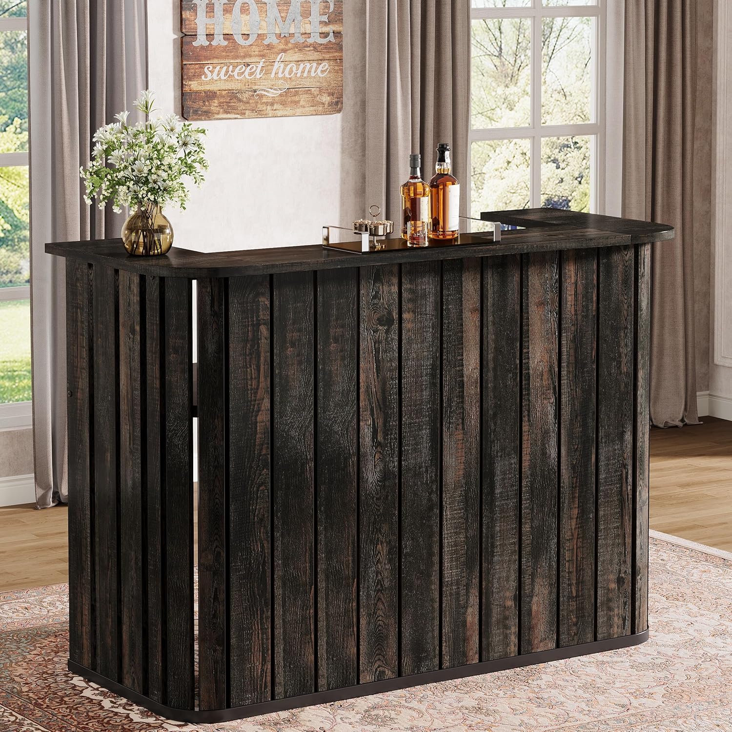 63" Home Bar Unit, Farmhouse Liquor Bar Table with 2-Tier Shelves