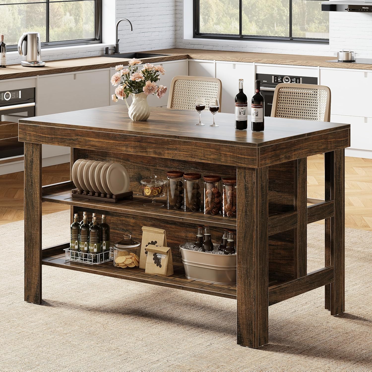 55" Kitchen Island, Breakfast Counter with Seating and Storage Shelves