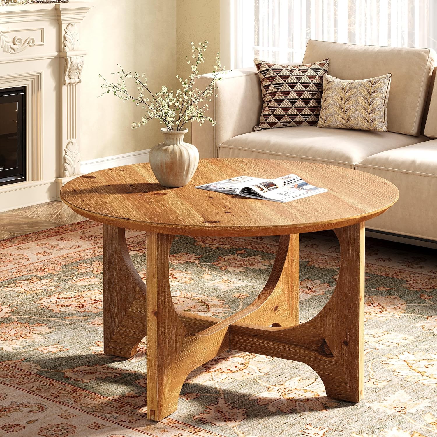 Solid Wood Coffee Table, 31.5" Round Center Table for Living Room