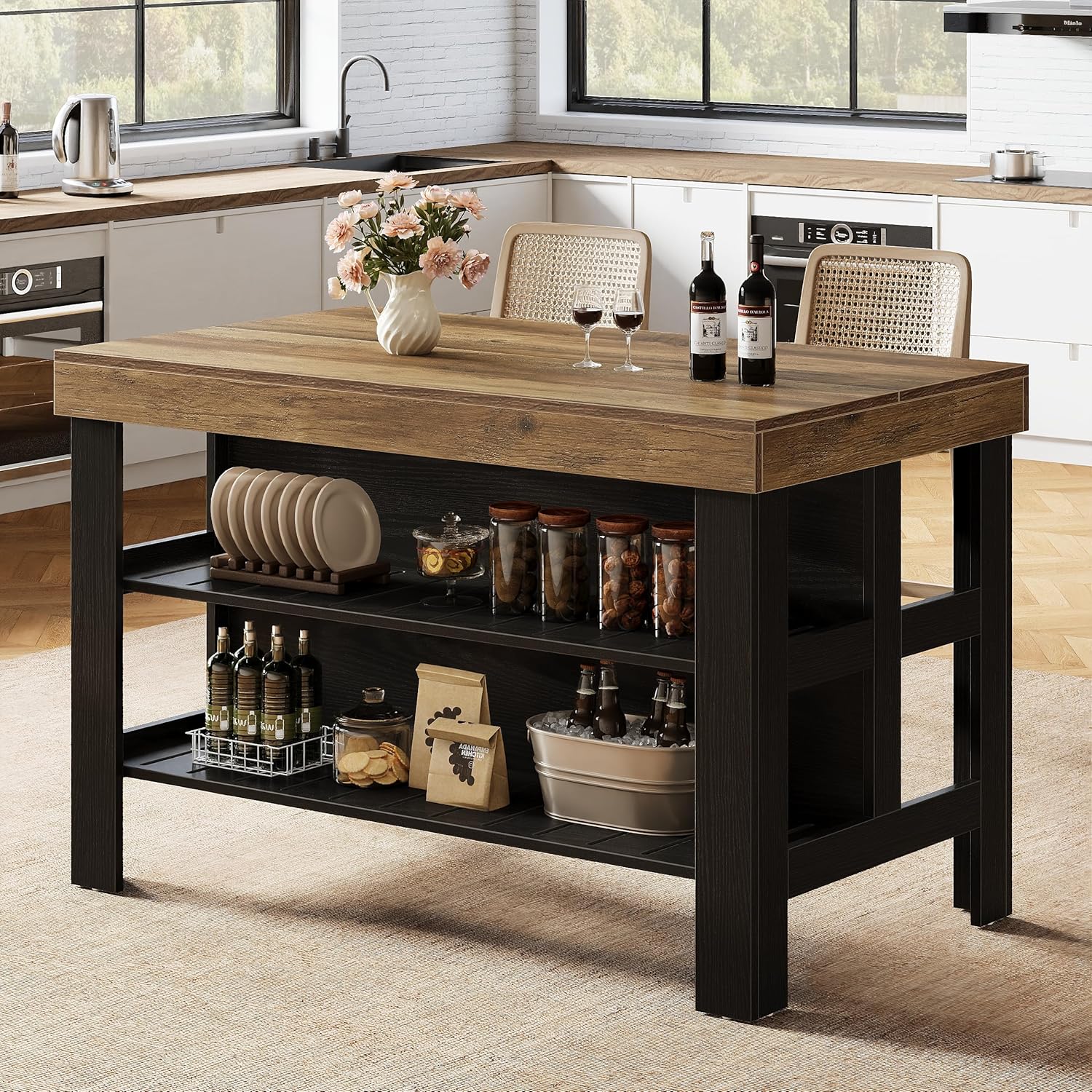 55" Kitchen Island, Breakfast Counter with Seating and Storage Shelves