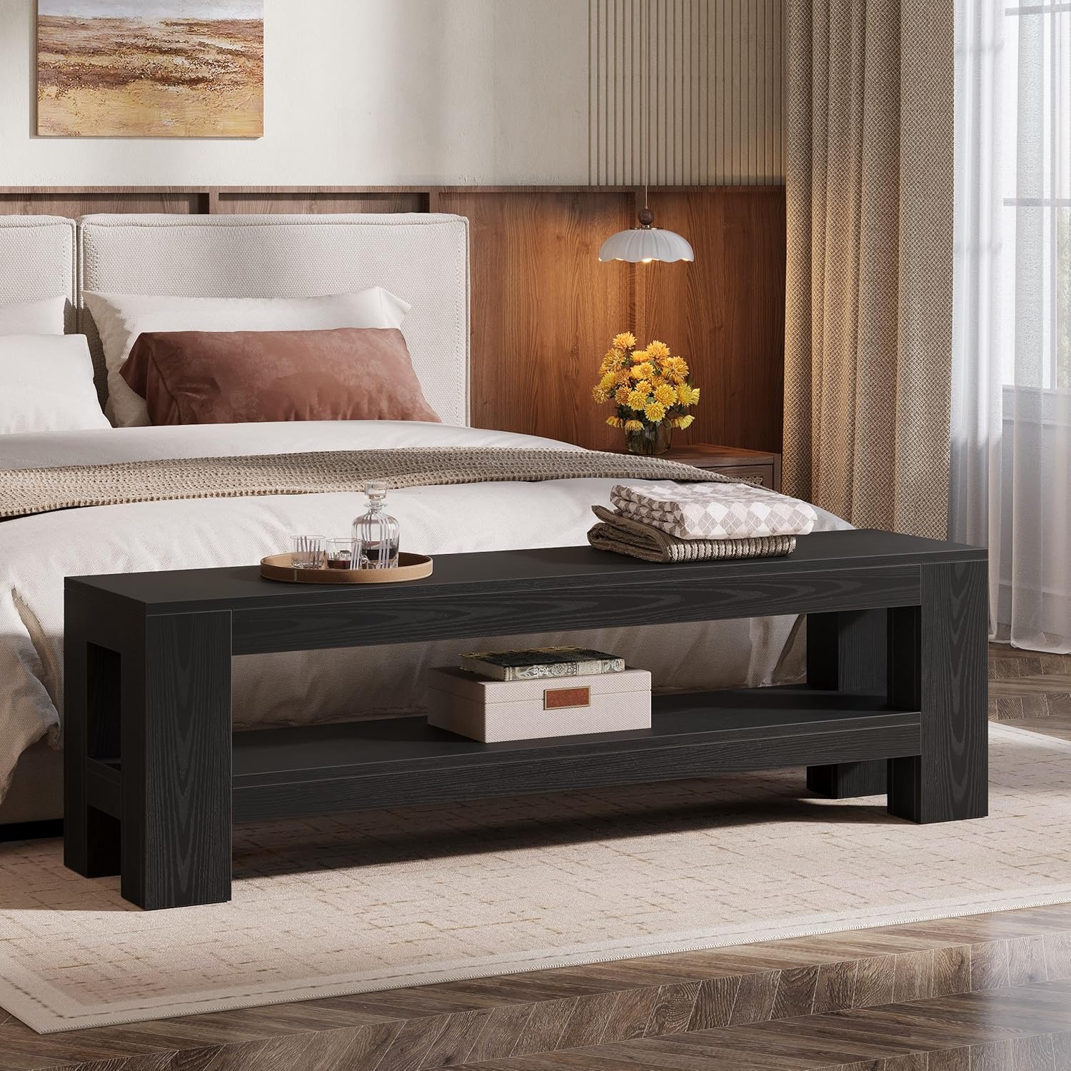 59" Farmhouse Entryway Bench, Wooden Shoe Bench End of Bed Bench with Shelf