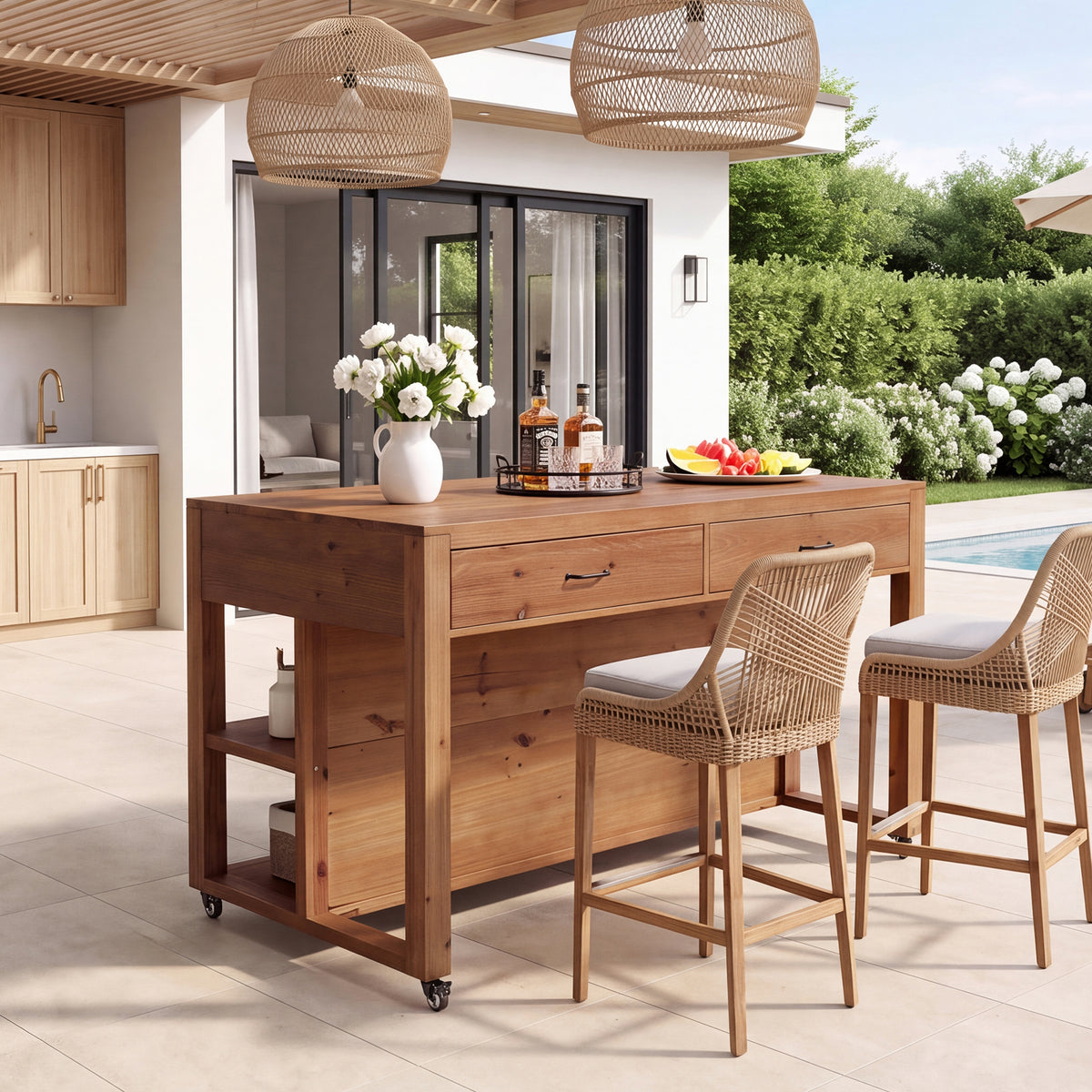 55" Rolling Kitchen Island, Solid Wood with 4 Drawers, Seating Space & Lockable Casters