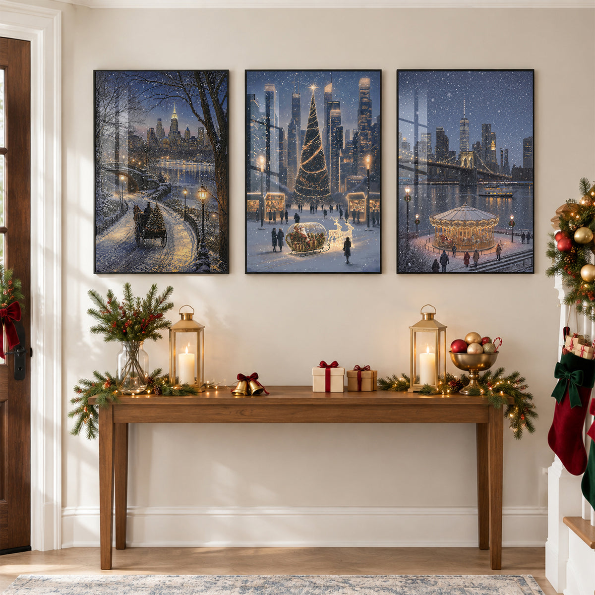36x24 3-Piece New York Christmas Wall Art Triptych, Snowy Cityscape, Crystal Porcelain Framed