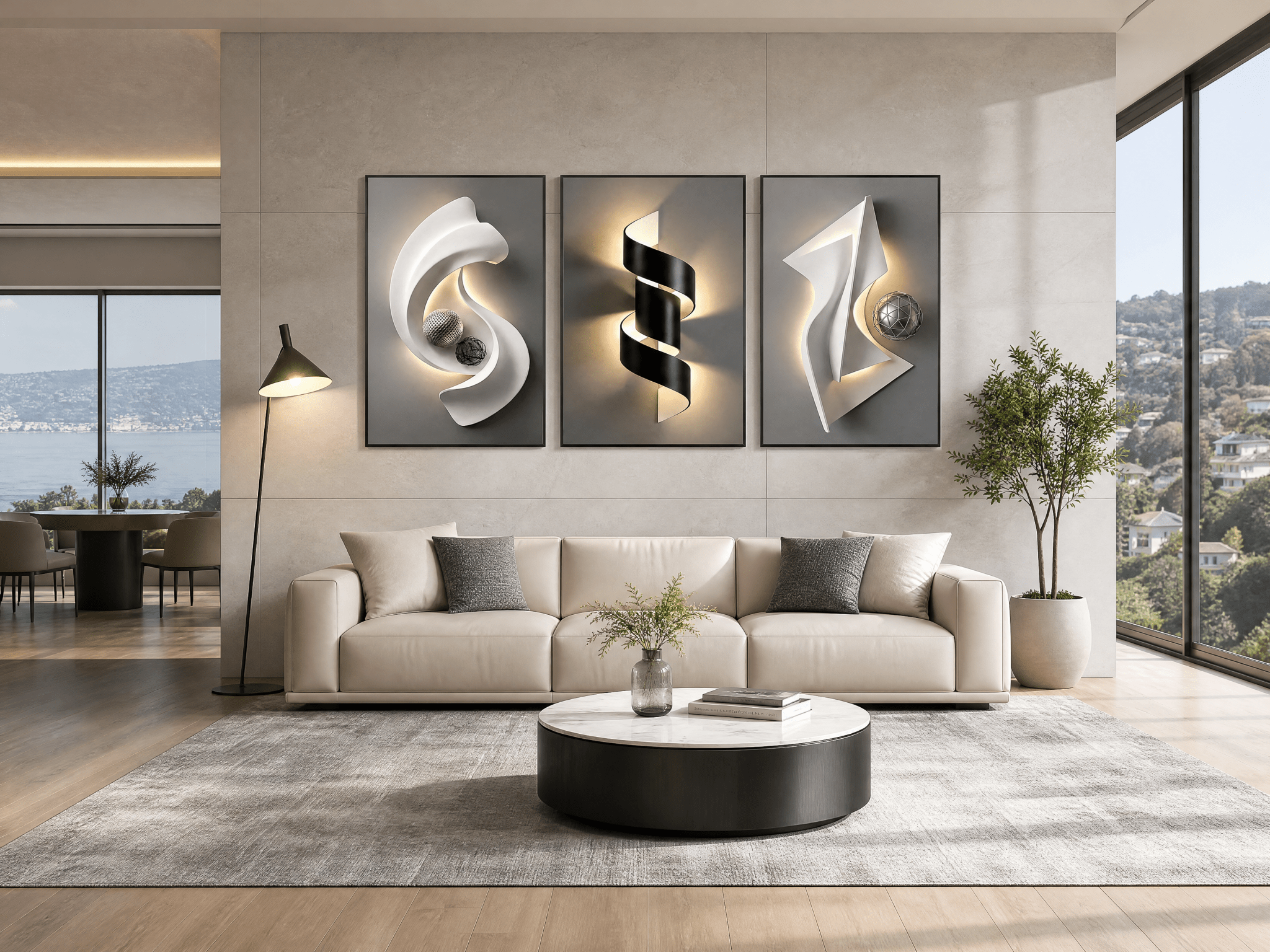Architectural Crystal Coating Wall Art Set of 3, Large Geometric Canvas Wall Decor for Living Room