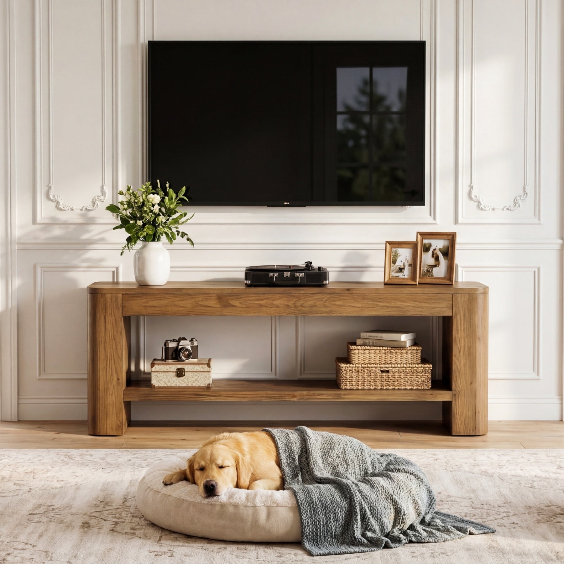 59“ Solid Wood TV Stand for 55–65 Inch TVs, Farmhouse Media Console with Open Shelves for Living Room or Bedroom