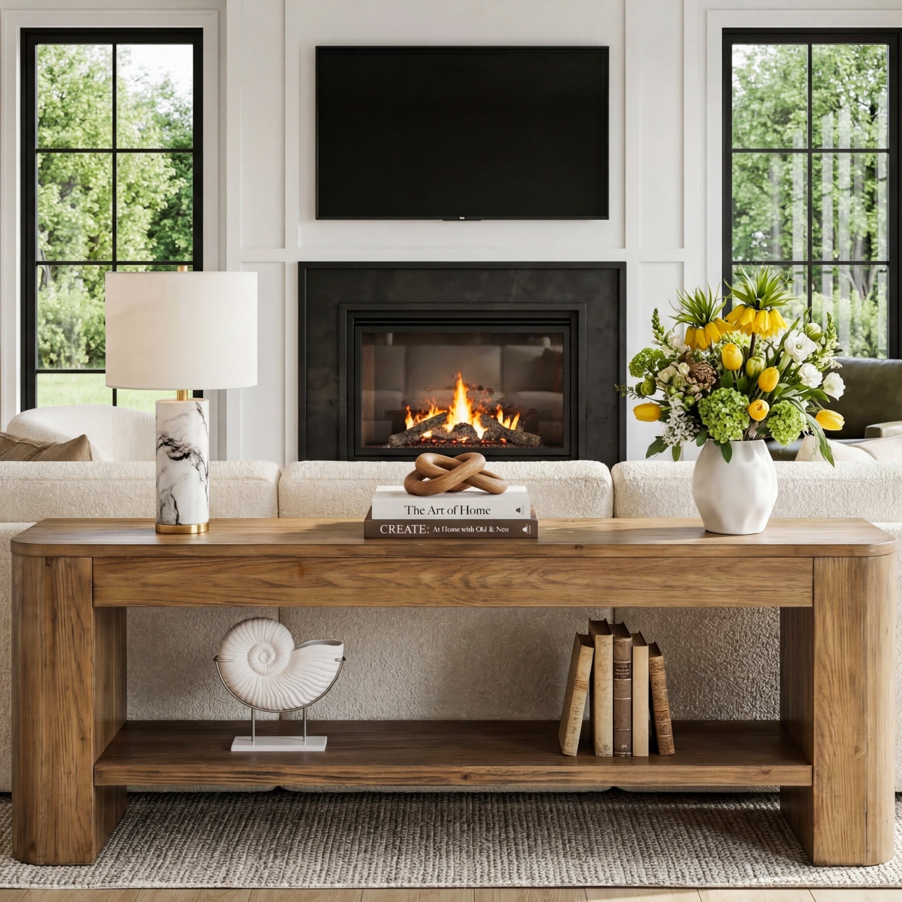 59“ Solid Wood TV Stand for 55–65 Inch TVs, Farmhouse Media Console with Open Shelves for Living Room or Bedroom