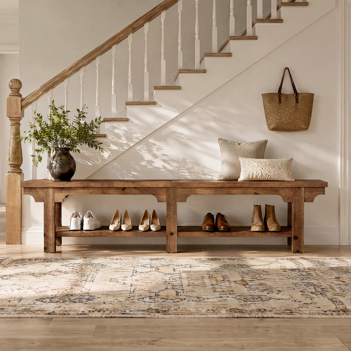 71" Entryway Bench, Farmhouse Solid Wood 2-Tier Shoe Storage Bench for Hallway